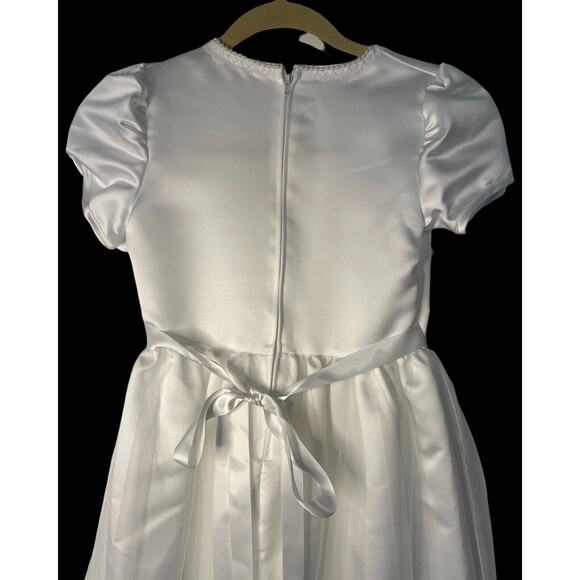 First Communion Dress Girls Size M White Taffeta Satin Trim Rosebuds Peal Detail - Picture 7 of 8